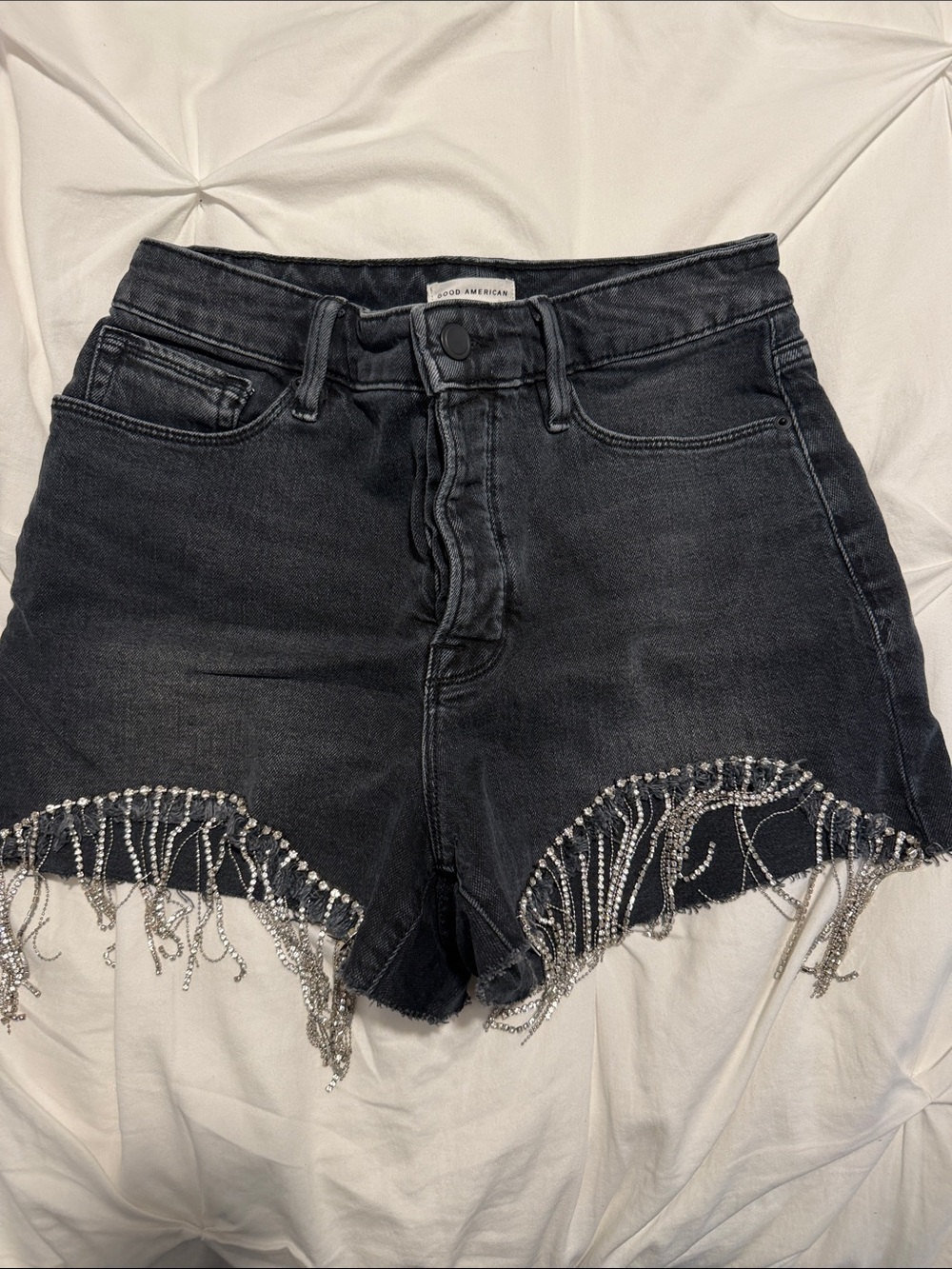 Good American Black Denim Shorts with Silver Beaded Fringe